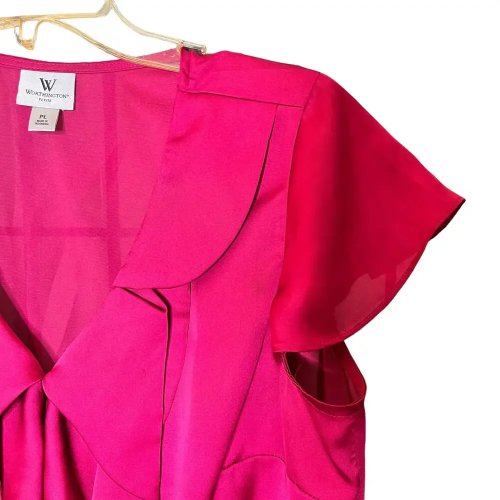 Worthington Pink Button Front Blouse Cap Sleeve Bow Petite Large - Picture 5 of 10